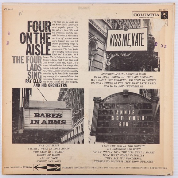 Ray Ellis The Four Lads Sing: Four On The Aisle 1958 12" LP Record CS 8047 6-Eye - Picture 2 of 16
